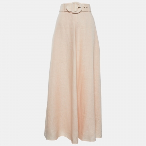 Pre Owned Zimmermann Peach Linen Belted Maxi Skirt L