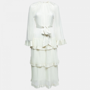 Pre Owned Zimmermann White Dotted Chiffon Belted Pleated Midi Dress S