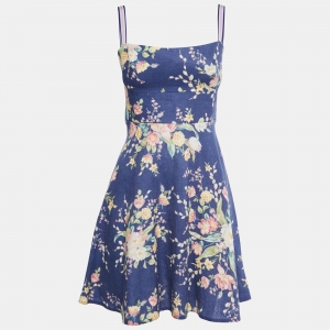 Pre Owned Zimmermann Blue Floral Printed Linen Mini Dress M