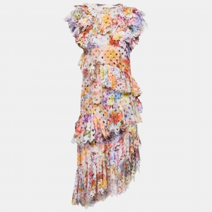 Zimmermann Multicolor Floral Print Laser-Cut Gauze Frilled Prima Gown S