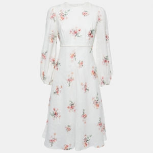 Pre Owned Zimmermann White Floral Printed Linen Long Sleeve Midi Dress M
