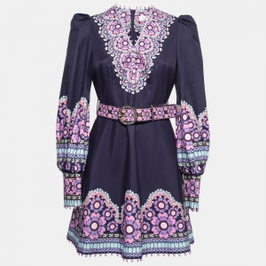 Pre Owned Zimmermann Navy Blue Daisy Print Silk Blend V-Neck Beaded Mini Dress M