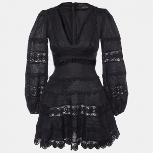 Zimmermann Black Linen & Lace Detail Mini Dress S
