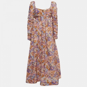 Zimmermann Multicolor Floral Print Cotton Ruched Sleeve Midi Dress M