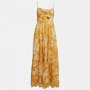 Zimmermann Yellow Floral Print Linen Cut-Out Tie Detail Tiered Midi Dress M
