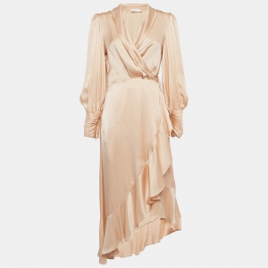  Zimmermann Beige Silk Satin Blouson Sleeve Asymmetric Midi Wrap Dress M