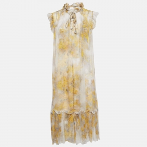 Zimmermann Yellow Floral Print Silk Tie-Up Detail Wild Botanica Midi Dress M