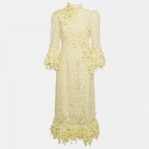 Pre Owned Zimmermann Yellow High Tide Applique Lace Midi Dress M
