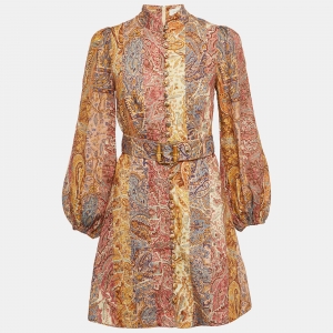 Pre Owned Zimmermann Multicolor Printed Linen Luminosity Belted Mini Dress M