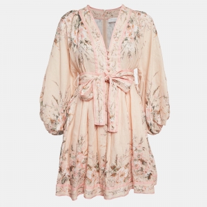 Pre Owned Zimmermann Pink Printed Linen Belted Mini Dress S
