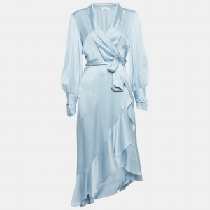 Pre Owned Zimmermann Blue Silk Satin Asymmetric Midi Wrap Dress M