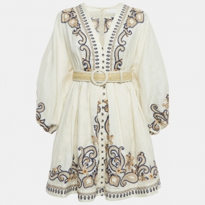 Pre Owned Zimmermann Cream Paisley Linen Belted Aliane Mini Dress L