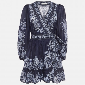 Pre Owned Zimmermann Blue Floral Print Cotton Aliane Wrap Mini Dress M