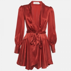 Pre Owned Zimmermann Red Silk Satin Blouson Sleeve Mini Wrap Dress XS