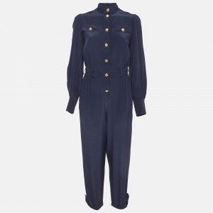 Pre Owned Zimmermann Navy Blue Silk Buttoned Front Jumpsuit M