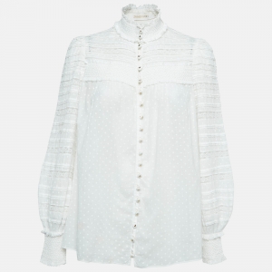 Zimmermann White Dot Print Cotton Lace Trim Buttoned Front Top M