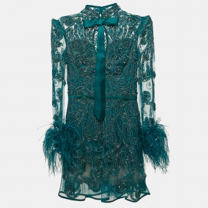 Zuhair Murad Green Beaded Tulle Faux Feather Detail Mini Dress XS