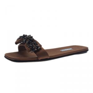 Pre Owned Prada for Harrods Brown Satin Embellished Bow Slides Size 38