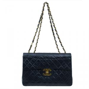 Pre Owned Chanel Black Lambskin Maxi Vintage Flap Bag