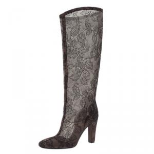 Pre Owned Valentino Black Lace Mesh Knee Boots Size 38