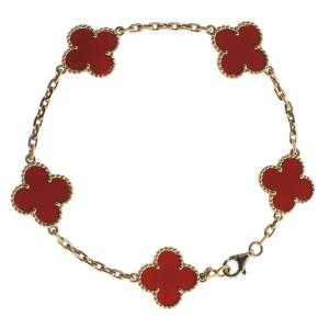 Pre Owned Van Cleef & Arpels Vintage Alhambra 5 Motifs Red Carnelian Yellow Gold Bracelet