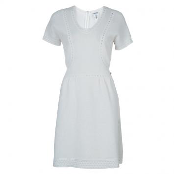 Pre Owned Chanel White Perforated Short Sleeve Dress L
