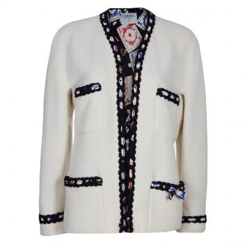 Pre Owned Chanel Cream Contrast Trim Jacket M
