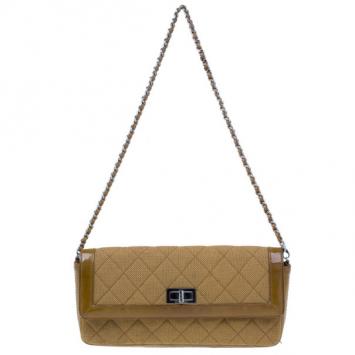 Chanel Beige Quilted Wool and Patent Leather East/West Mademoiselle Flap Bag