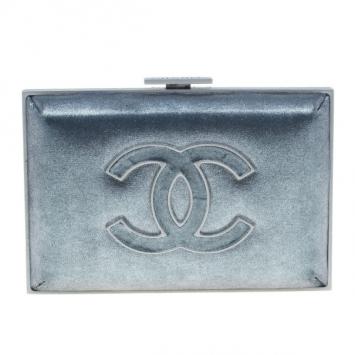 Chanel Metallic Silver Satin Frame Clutch