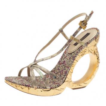 Louis Vuitton Silver Satin Feerique Morganne Wedge Sandals Size 38.5