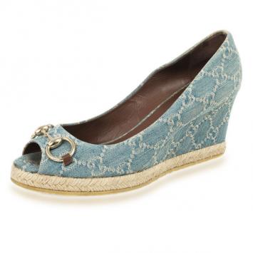 Gucci Blue GG Denim Horsebit Charlotte Espadrille Wedges Size 39