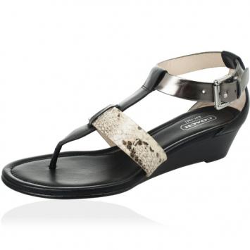 Coach Black Leather &amp; Snakeskin T Strap Velvet Wedges Sandals Size 37