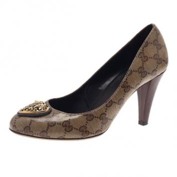 Gucci Brown Guccissima Crystal Heart Crest Pumps Size 38