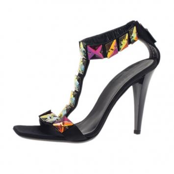 Gucci Black Satin Embellished T Strap Sandals Size 38