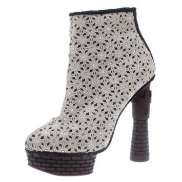 Charlotte Olympia Cream Damsel In Distress Crocheted Ankle Boots Size 36.5