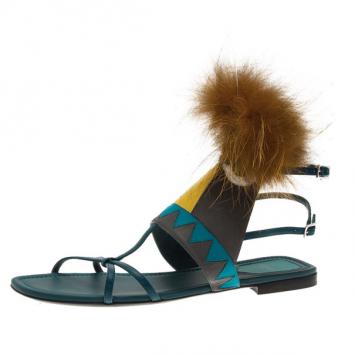 Fendi Blue Leather Fur Trim Bug Sandals Size 41