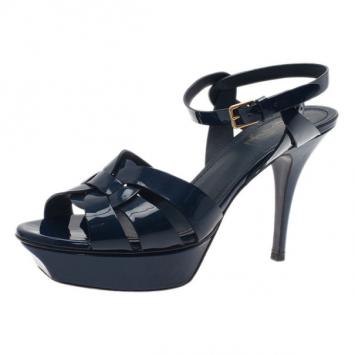 Saint Laurent Paris Blue Patent Tribute Platform Sandals Size 38