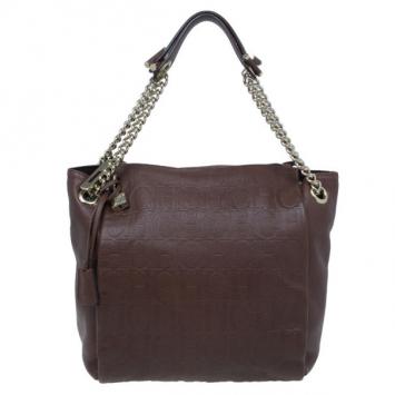 Carolina Herrera Brown Monogram Leather Shoulder Tote