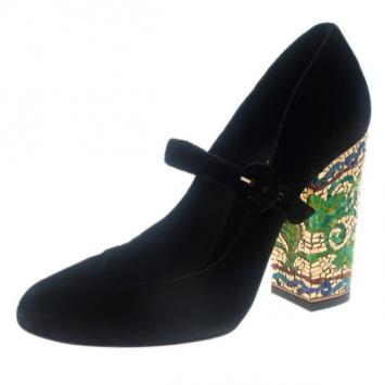 Dolce and Gabbana Black Velvet Embellished Heel Mary Jane Pumps Size 39