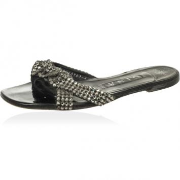 Gina Black Crystal Embellished Flat Slides Size 38