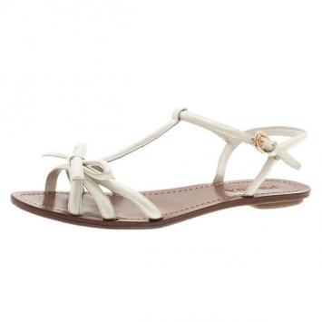 Prada White Patent Leather Bow Detail Flat Sandals Size 38