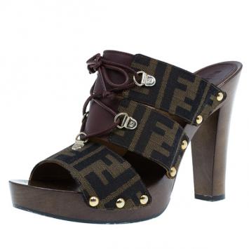 Fendi Zucca Canvas and Leather Wooden Slides Size 38