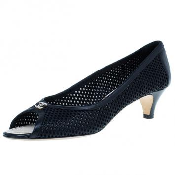 Chanel Black Perforated Leather CC Peep Toe Pumps Size 39.5