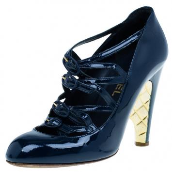 Chanel Blue Patent Strappy Wedge Pumps Size 37