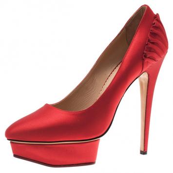 Charlotte Olympia Red Paloma Fan-Pleat Satin Pumps Size 41