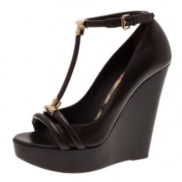 Burberry Brown Leather T Strap Wedge Pumps Size 37