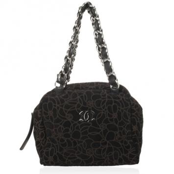 Chanel Black Suede Camelia Embossed Boston bag