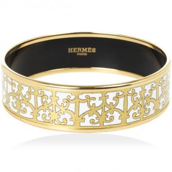 Hermes Balcons du Guadalquivir White Enamel Gold Plated Wide Bangle