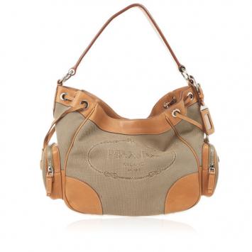 Prada Beige Trim Logo Jacquard Hobo Bag