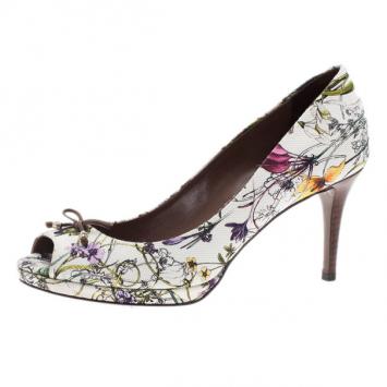 Gucci Infinity Flora Canvas Bamboo Bow Peep Toe Pumps Size 38
